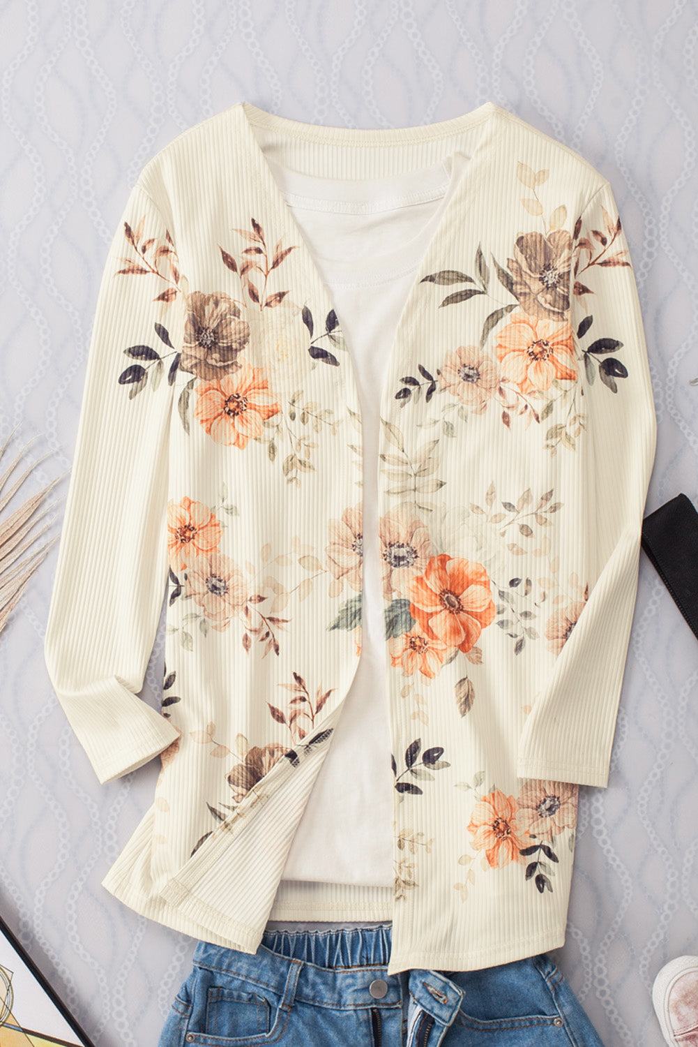 Floral Print Ribbed Knit Slim Fit Cardigan