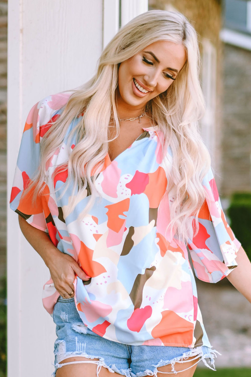 Floral Print V Neck Half Sleeve Blouse