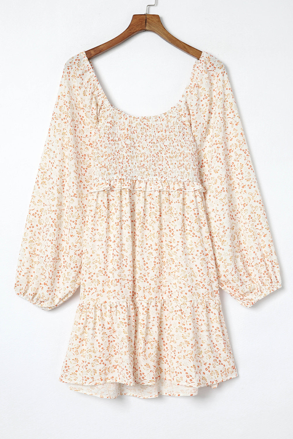 Mini-robe smockée à manches bouffantes et fleurs style bohème abricot