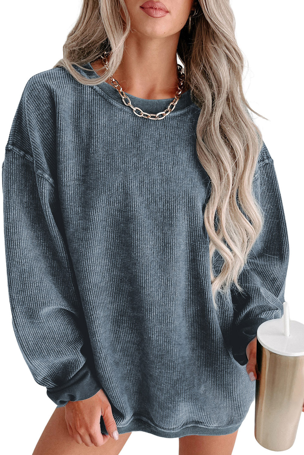 Pink Solid Ribbed Knit Round Neck Pullover Sweatshirt