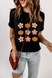 Pumpkin Flower Print Short Sleeve Graphic Top