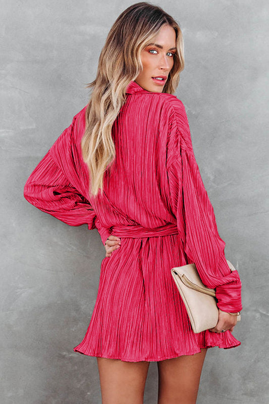 Rose Pleated Buckle Belt Drop Shoulder Shirt Mini Dress