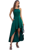 Green Satin Sleeveless Pleated High Low Dress with Pocket