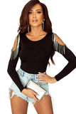 Rhinestone Fringed Cold Shoulder Long Sleeve Bodysuit