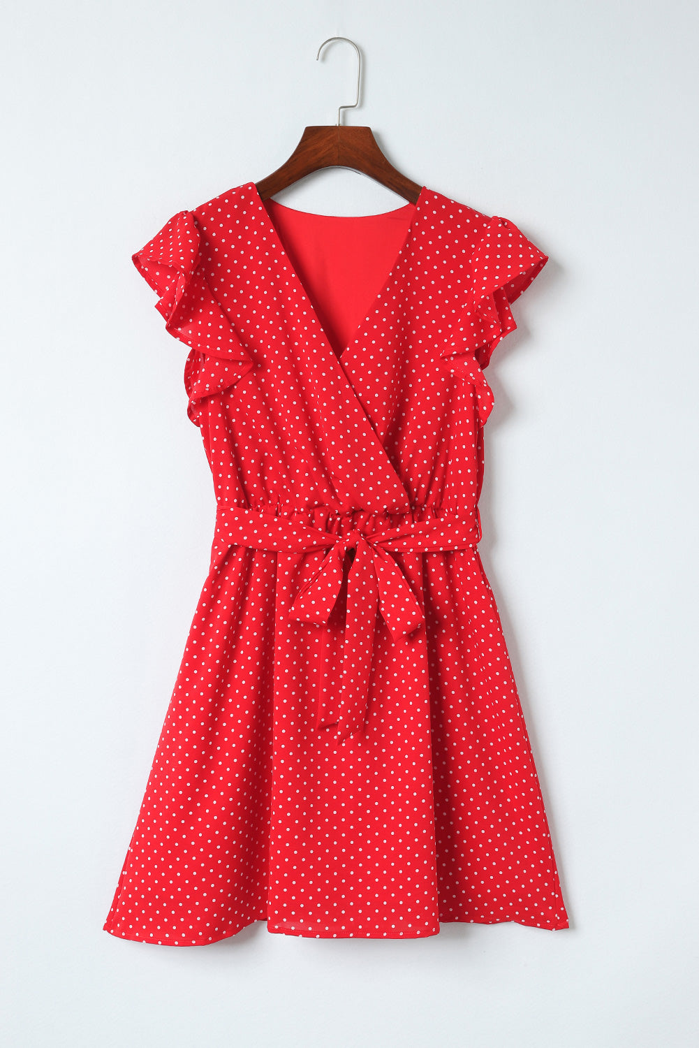 Robe rouge à pois, col en V, manches à volants