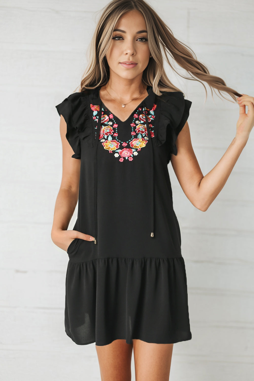 Floral Embroidered Ruffled Puff Sleeve Blouse