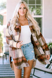 Brown Plus Size Plaid Flap Pockets Shacket