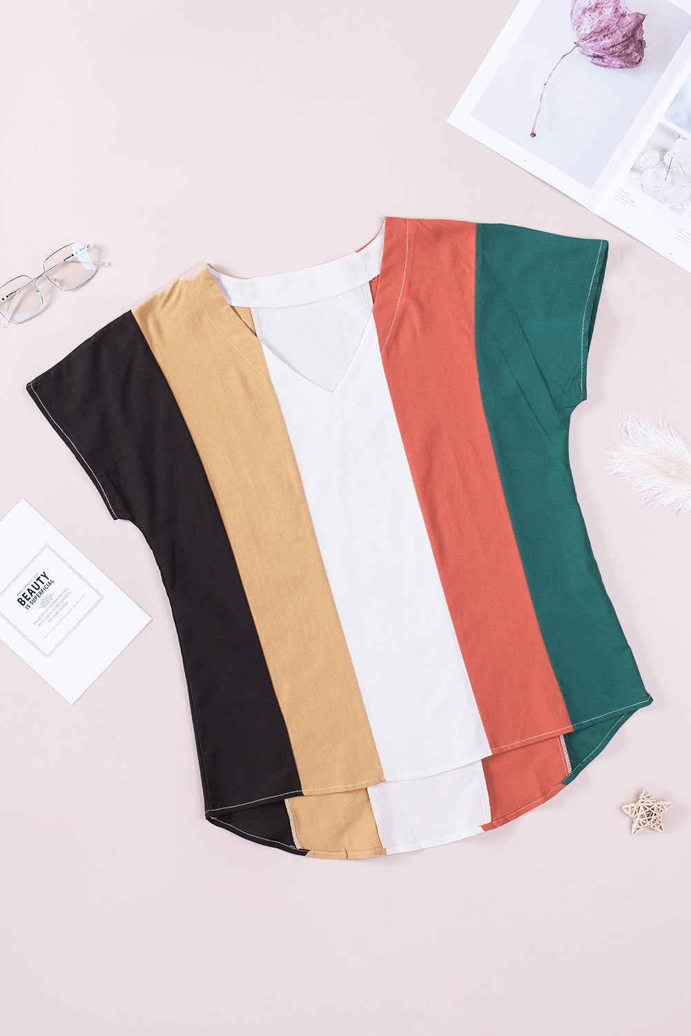 Multicolor Colorblock V Neck Short Sleeve Top