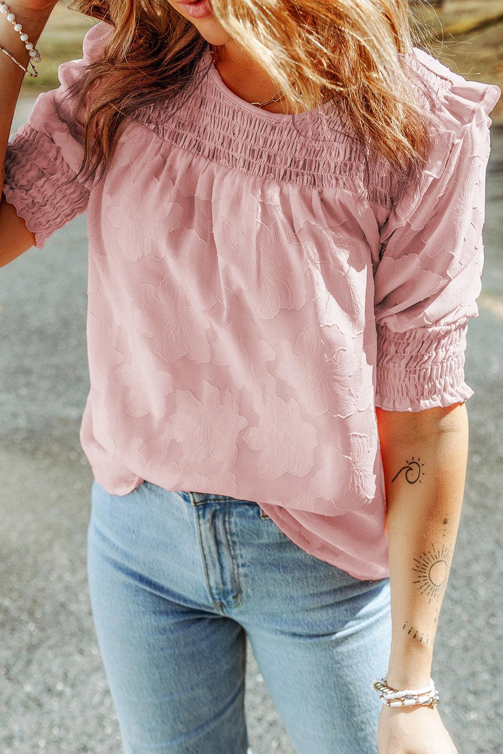 Blouse texturée jacquard smockée rose