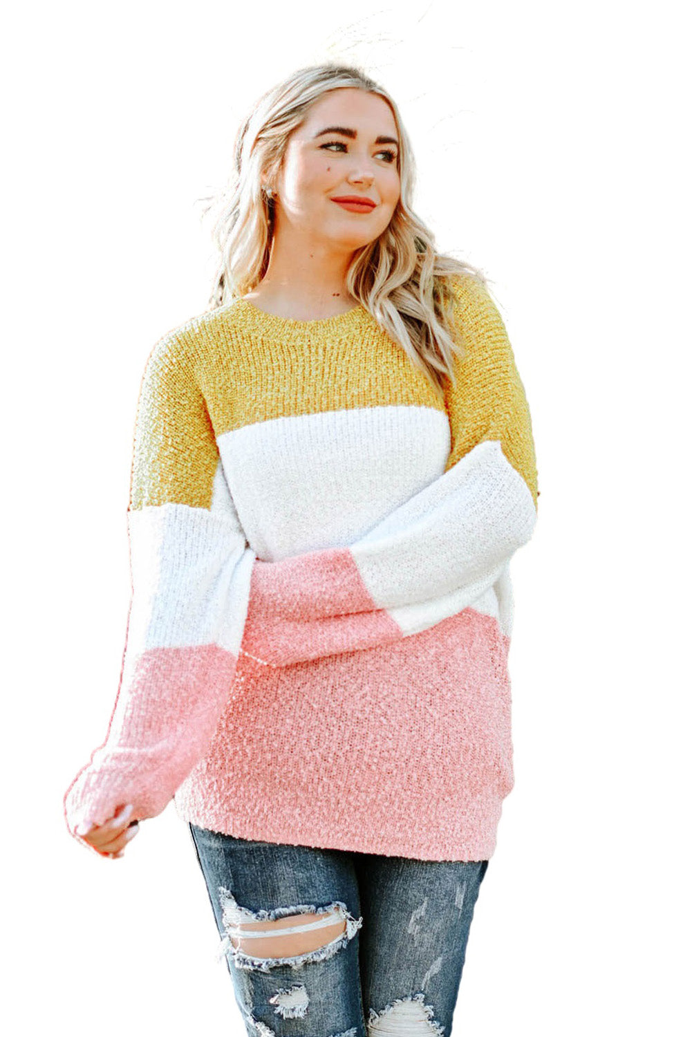 Pull Jaune Colorblock à Manches Bulles Grande Taille