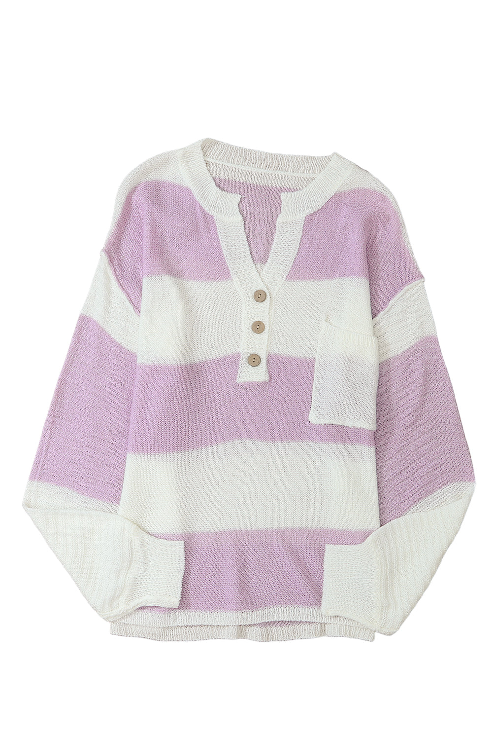 Striped Knit Button Ribbed Split Neck Sweater