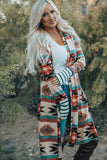 Plus Size Geometric Print Open Front Long Cardigan