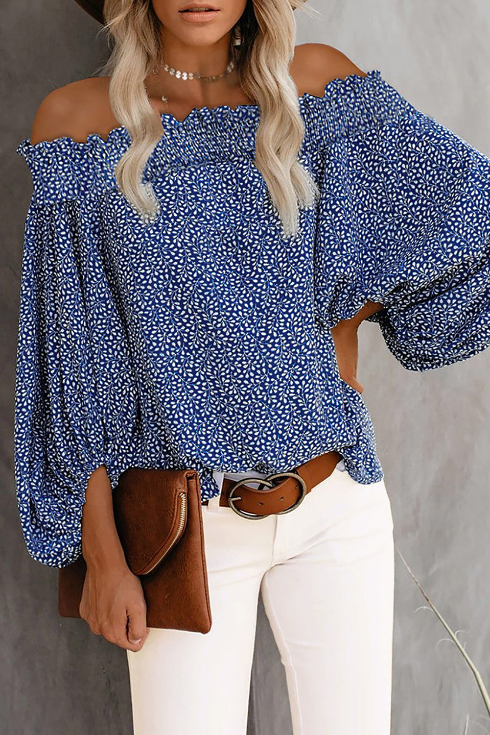 Off Shoulder Floral Print Lantern Sleeve Top