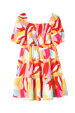 Multicolor Abstract Print Puff Sleeve Smocked Square Neck Dress