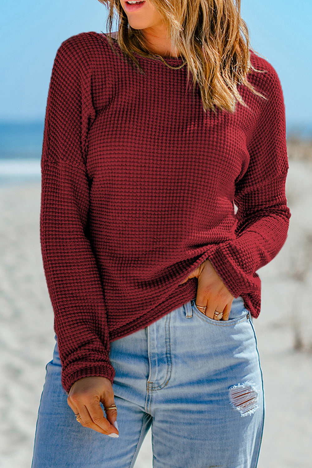 Dark Brown Waffle Knit Drop Shoulder Long Sleeve Top