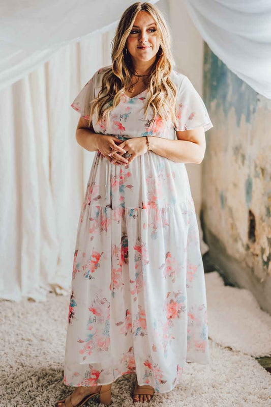 V Neck Short Sleeves Floral Print Maxi Dress