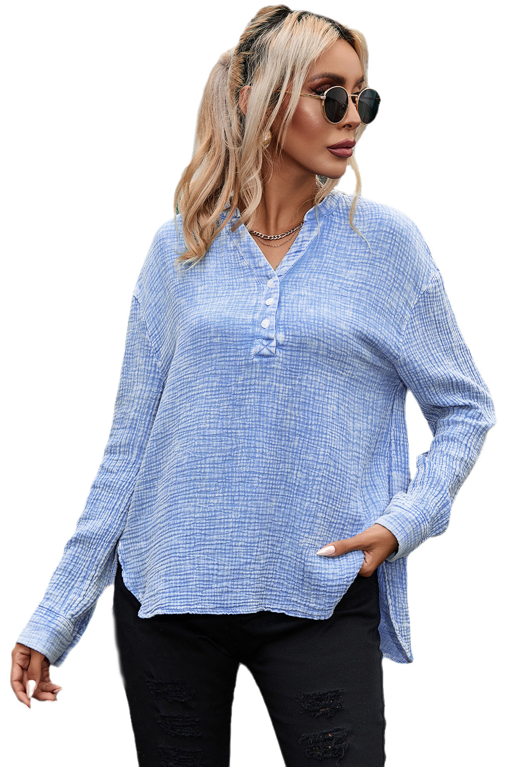 Sky Blue Crinkle Textured Loose Henley Top