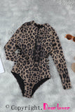 Leopard Print Zipper Cut-out Rash Guard Swimsuit