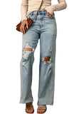 Distressed Frayed Hem Holed Straight Leg Loose Jeans