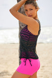 Color Block Lace Drawstring Tie Tankini Set