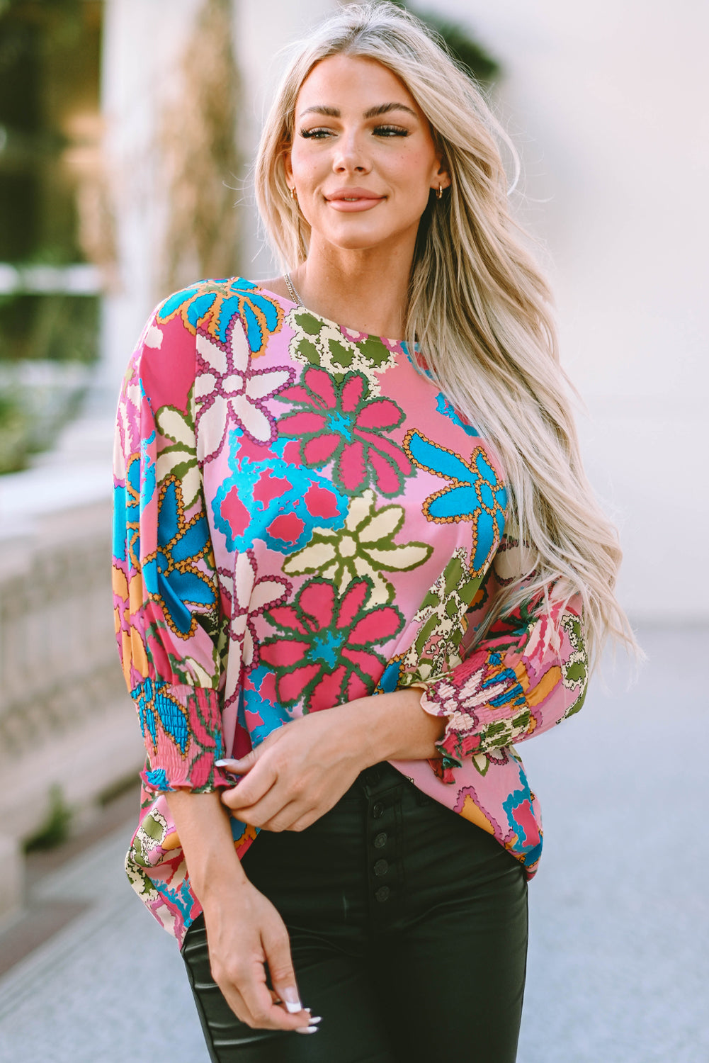 Multicolor Vibrant Floral Print Trimmed Ruffle Sleeve Blouse