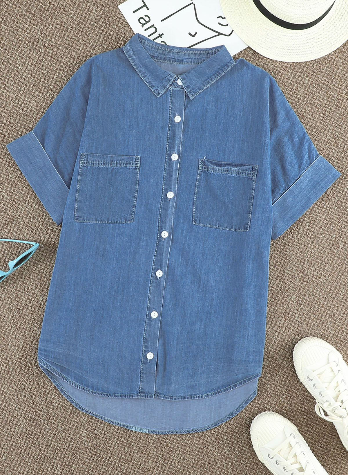 Turn-down Collar Short Sleeve Denim Shirt