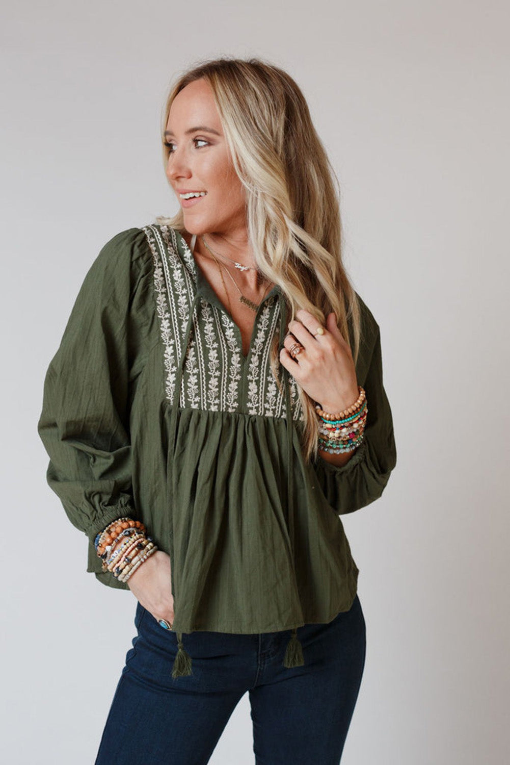 Embroidered Split Neck Pleated Loose Blouse