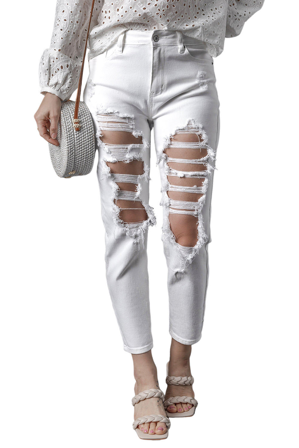 Jean skinny taille haute blanc déchiré et déchiré