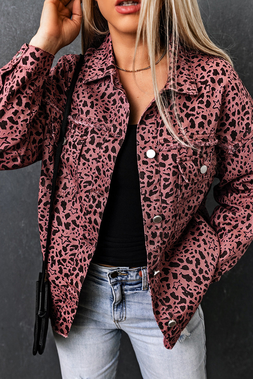 Stars & Animal Spots Print Button Up Denim Shacket