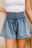 Smocked High Waist Acid Wash Flared Denim Shorts