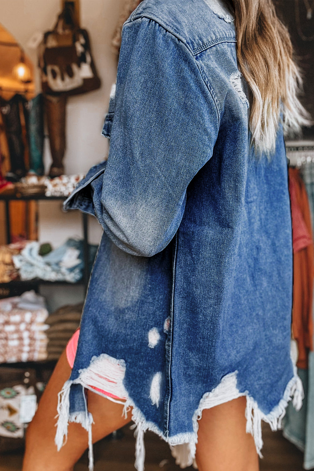 Sky Blue Light Wash Distressed Frayed Long Denim Jacket