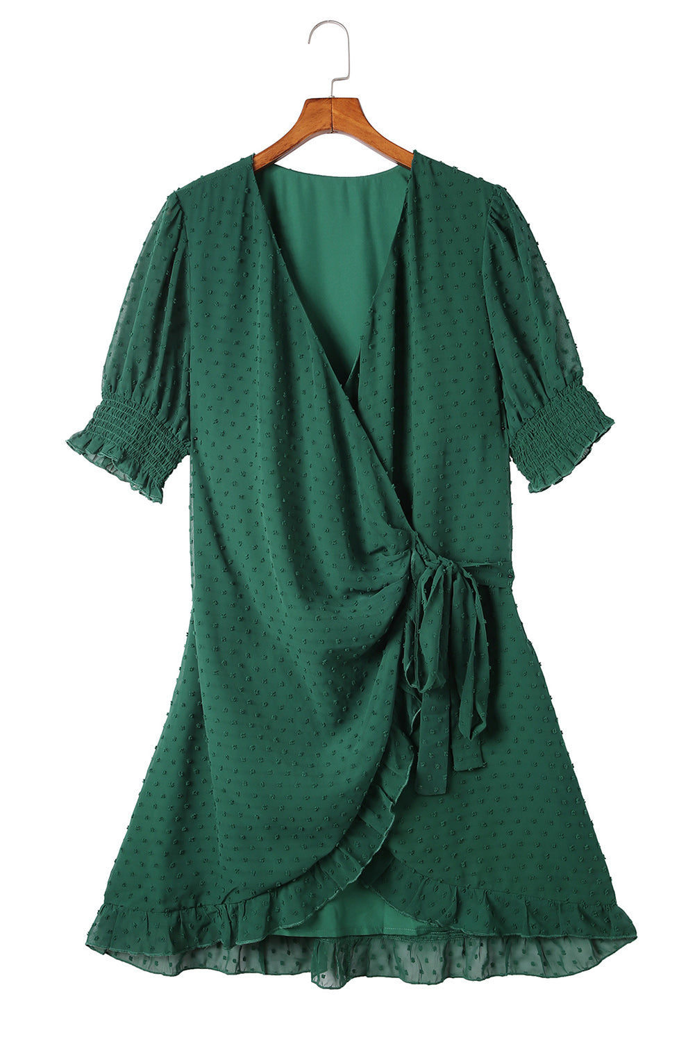 Robe portefeuille verte à manches bouffantes et pois suisses de grande taille 