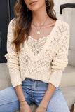 Pull en tricot creux en dentelle boutonnée beige