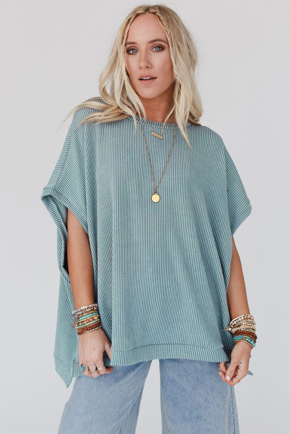 Ribbed Knit Batwing Sleeve Tunic Oversized T Shirt