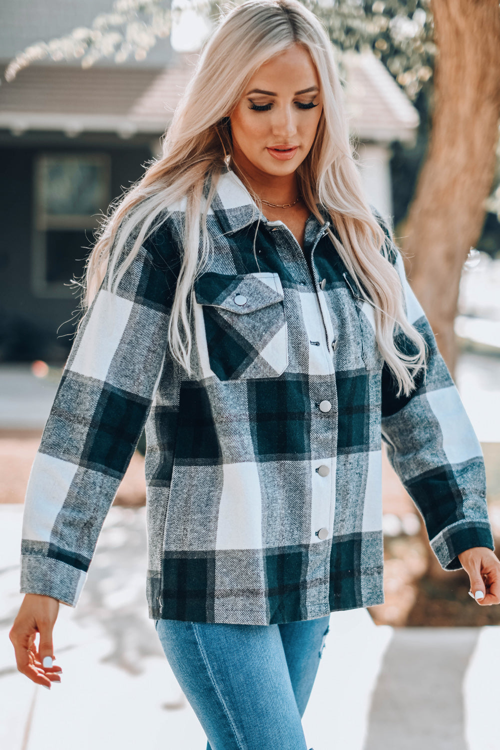 Plaid Print Buttoned Shirt Coat with Pocket