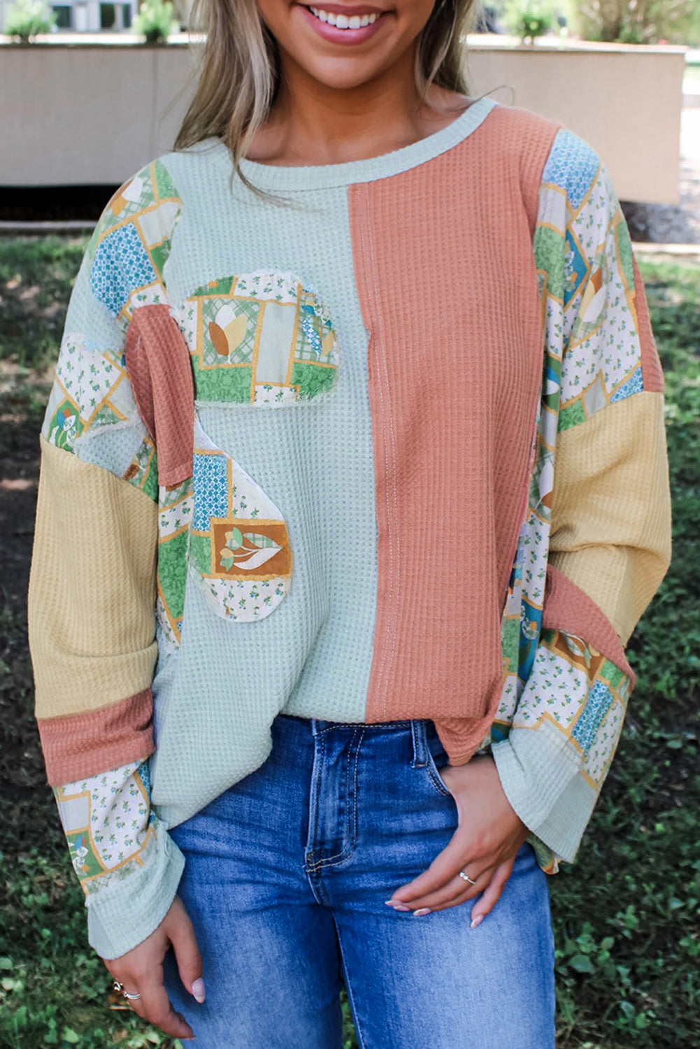 Rose Pink Floral Patchwork Waffle Color Block Pullover Top