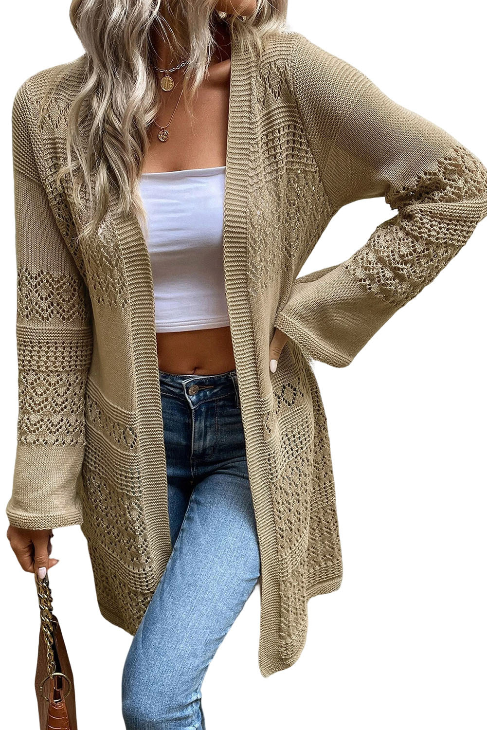 Pointelle Knit Open Front Cardigan