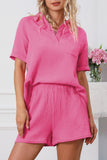 Rose Crinkle Textured Polo Shirt and High Waist Shorts Set