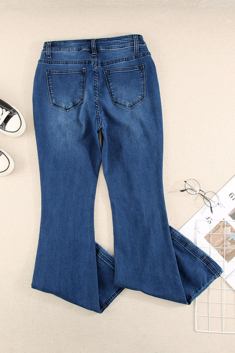 Dark Mid Rise Button Front Flare Denim