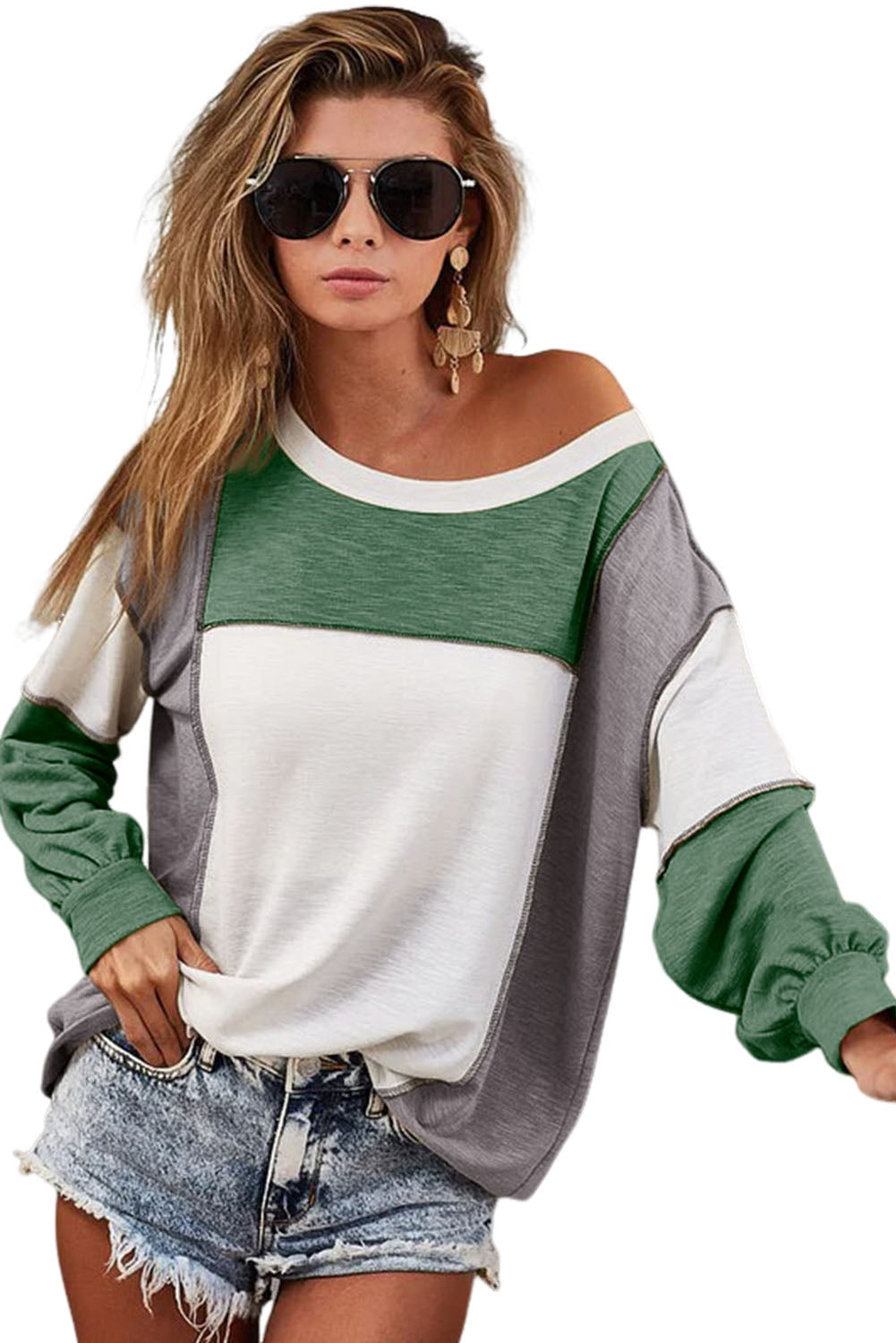 Khaki Exposed Seam Color Block Patchwork Top