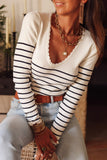 Scalloped Trim Striped Print Sweater