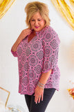 Rose Plus Size Paisley Print V Neck Roll Tab Sleeve Blouse