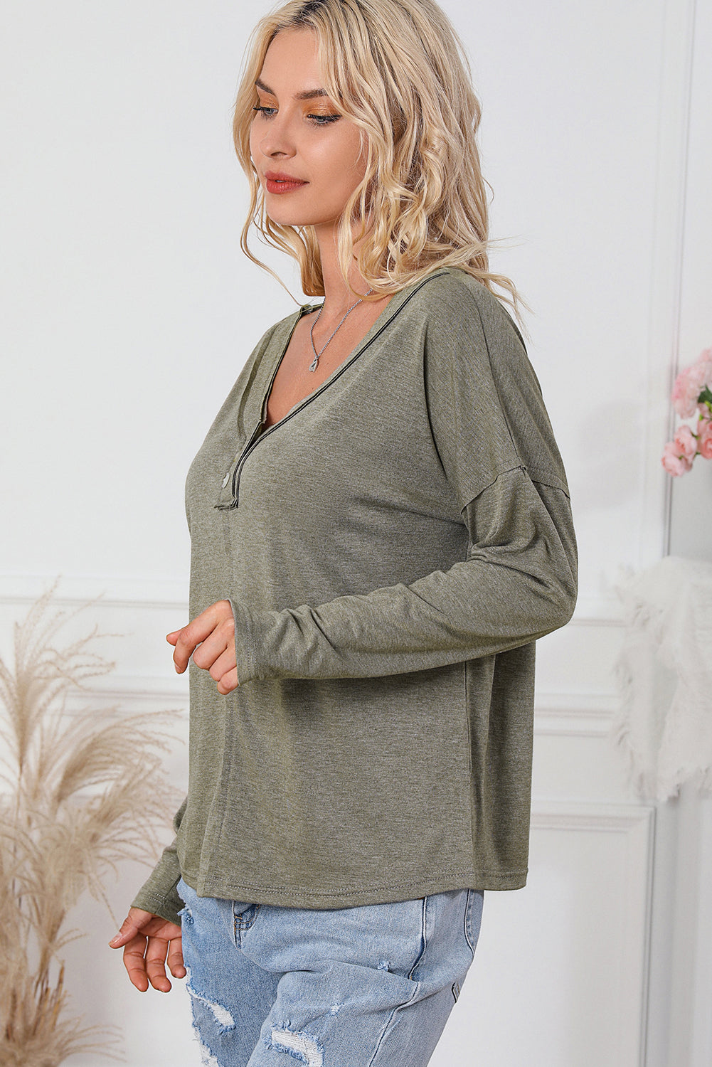 Long Sleeve V-Neck Stitching Henley Top