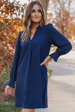 Blue Split V Neck Ruffled Sleeves Shirt Dress