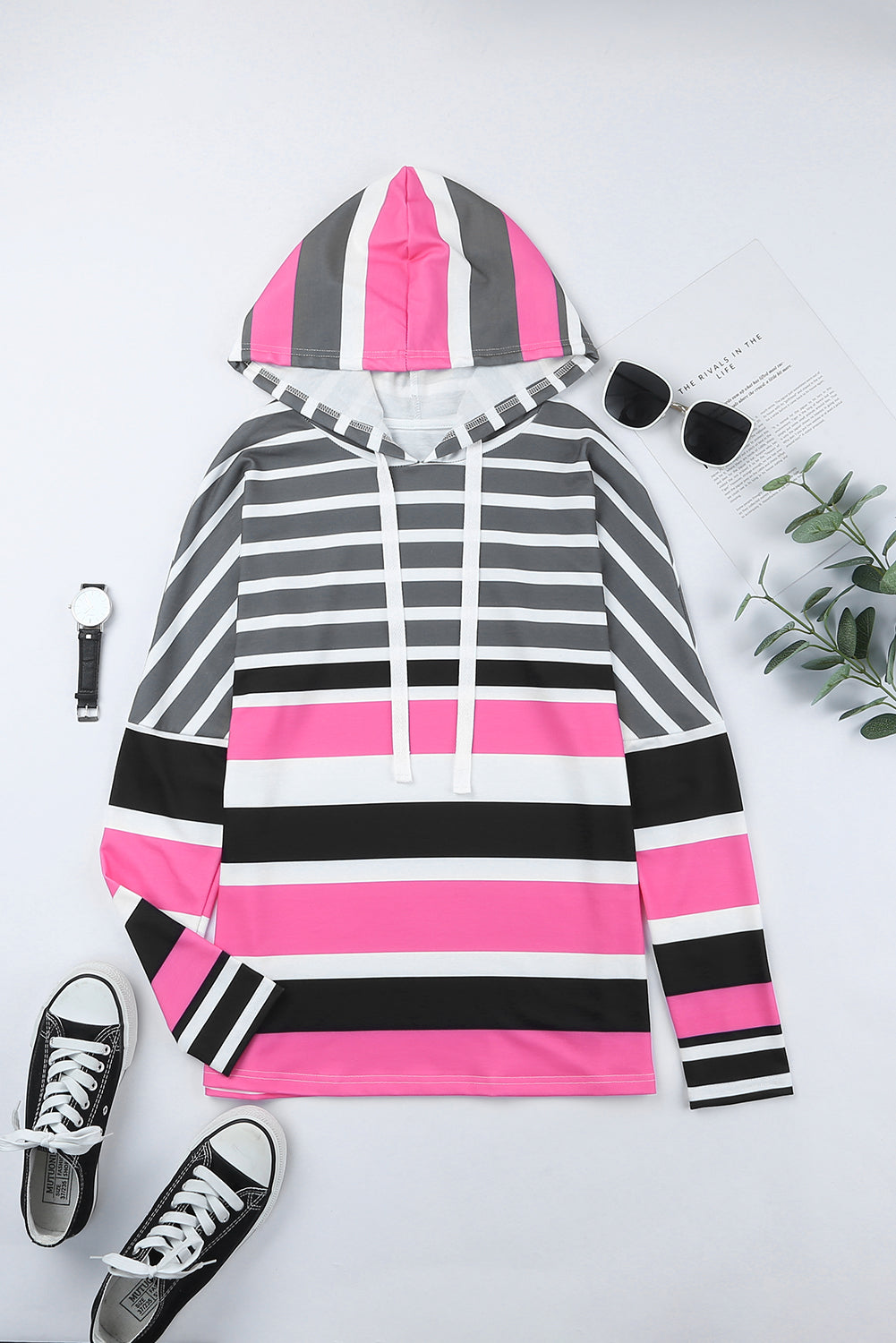 Multi Striped Drawstring Long Sleeve Hoodie