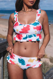 Tie Dye Scoop Neck Ruffle Trim Two Piece Swimsuit