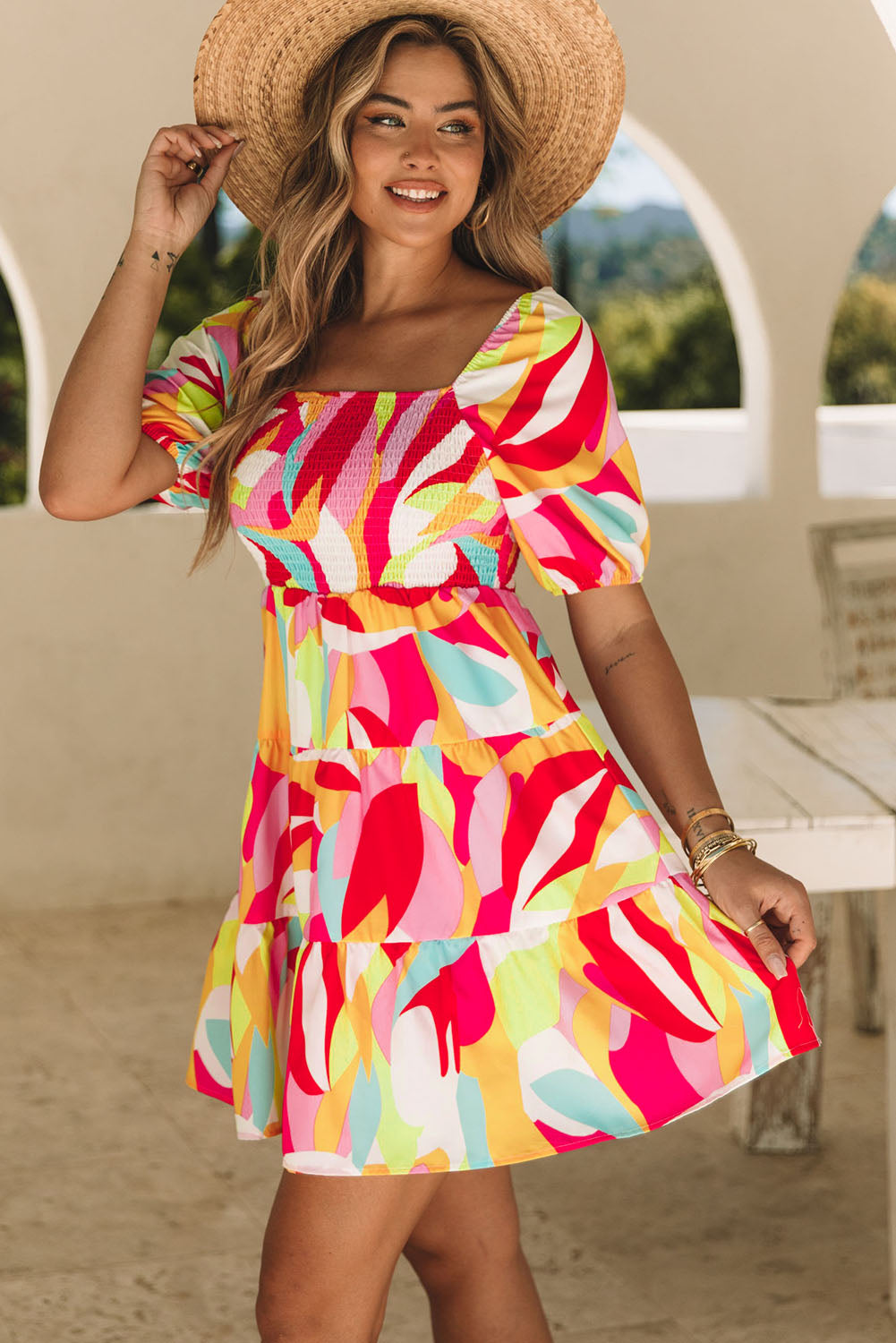 Multicolor Abstract Print Puff Sleeve Smocked Square Neck Dress