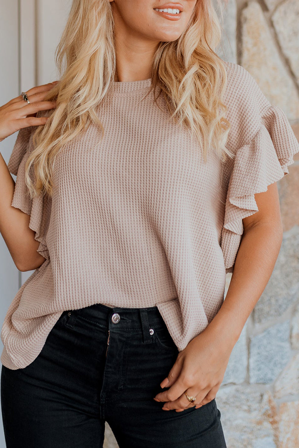 Ruffle Sleeve Waffle Knit Top