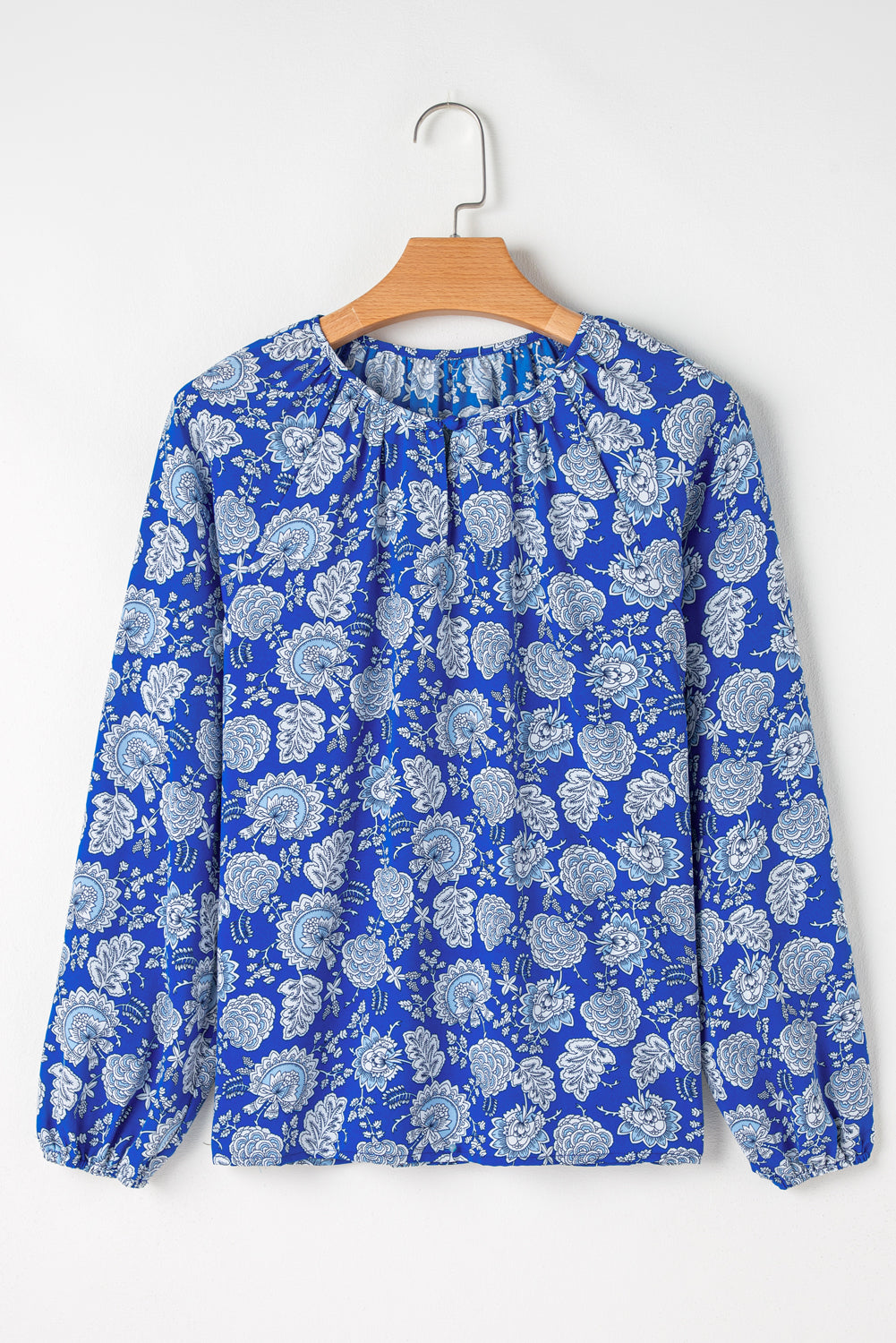 Floral Notched V-Neck Long Sleeve Blouse