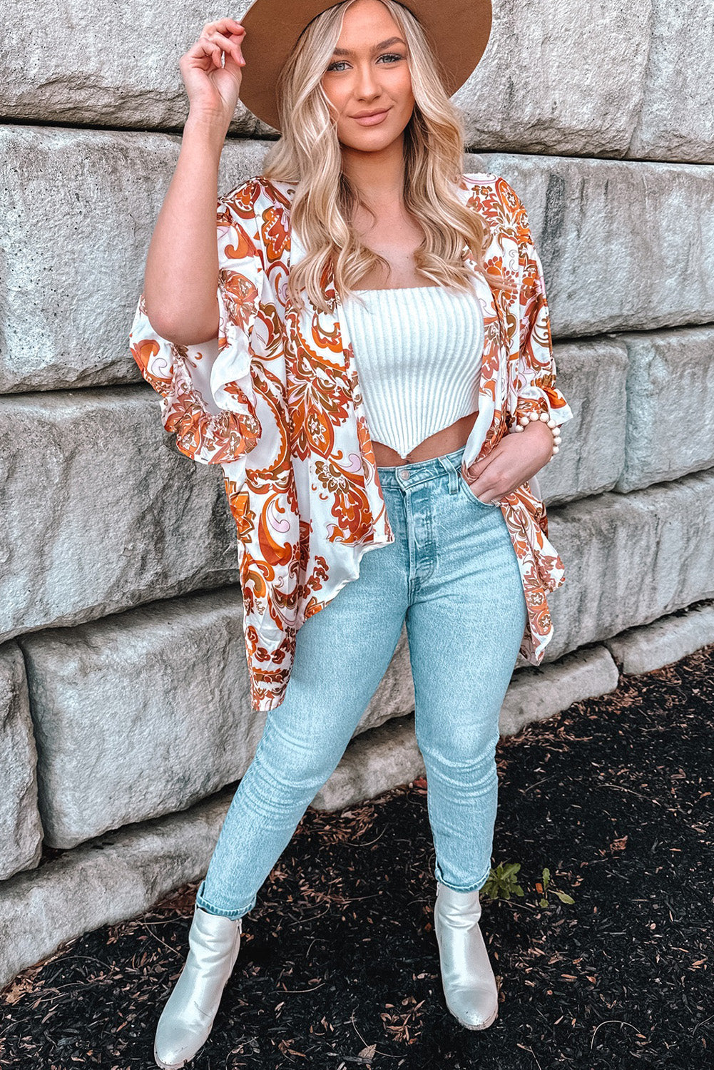 Draped Paisley Print Open Front Overlay Top with Ruffles